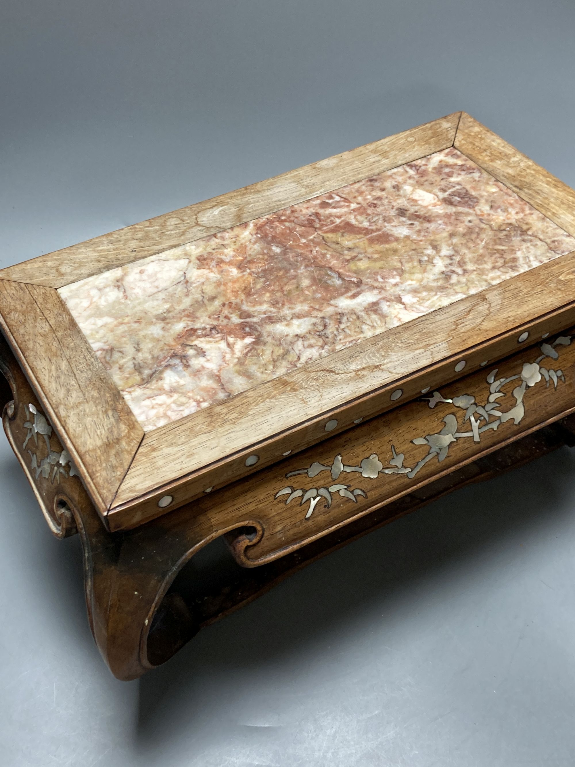 A 19th century Chinese hardwood mother of pearl and marble inset stand, height 18cm width 38cm